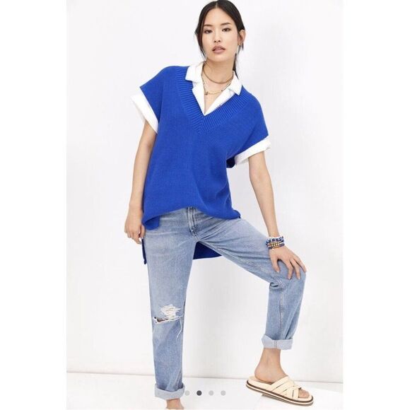 Anthropologie Classic V-Neck Royal Blue 100% Cotton Vest One Size - Picture 2 of 4